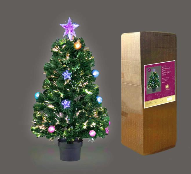 2Ft Fibre Optic Christmas Tree with Baubles and Stars, Pre-Lit LED, PVC, Green image 1