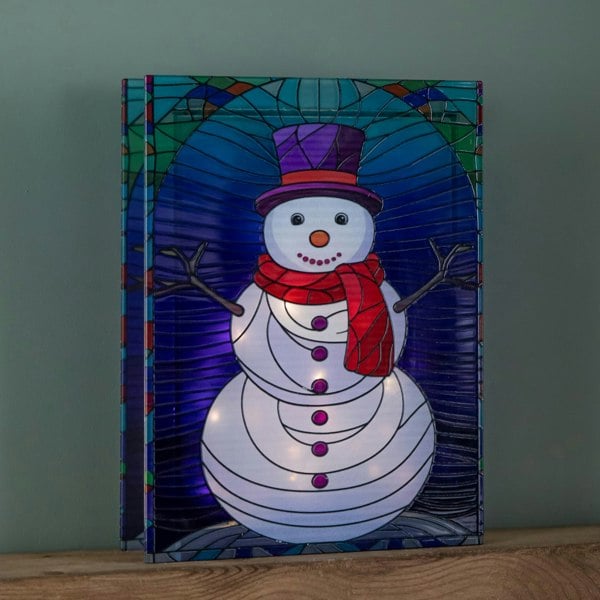 Samuel Alexander 28cm Battery Operated Light up Double Sided Stained Glass Snowman Decoration with LEDs
