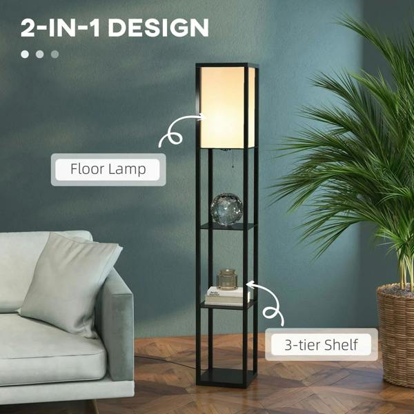 Black floor lamp with rectangular light panels and three-tier shelf storage