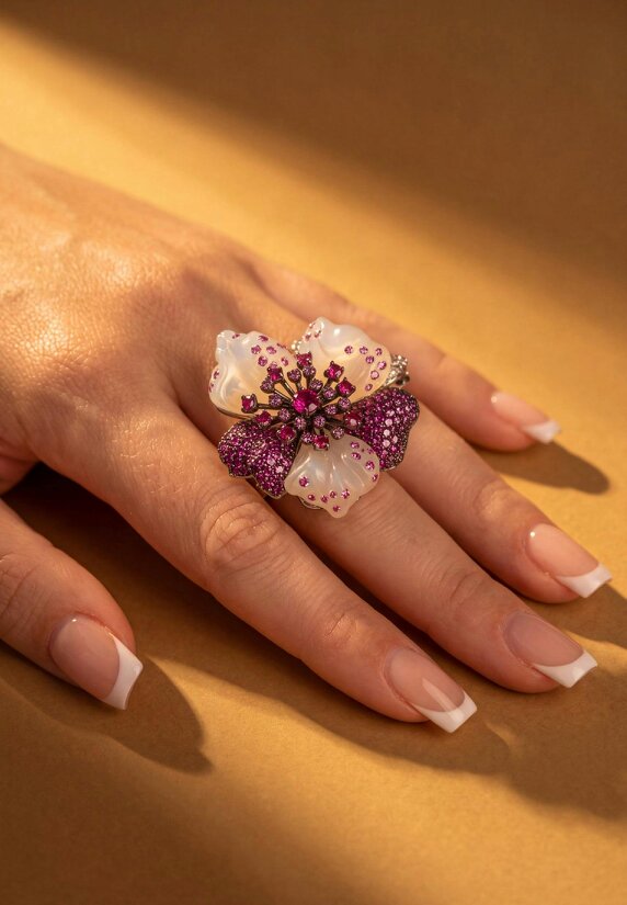Latelita White Jade Ruby Rose Flower Cocktail Ring Silver