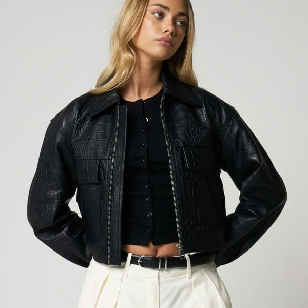 Barneys Originals Women's Croc Print Leather Jacket