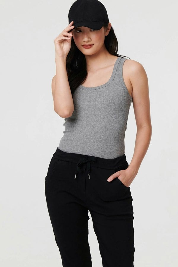 Black | Drawstring Tie Waist Tapered Trousers
