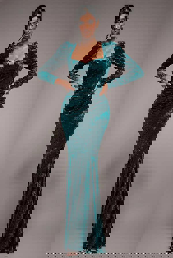 Flared Hem Ice Velvet Maxi - Emerald Green DR4027