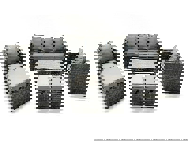 Fimous 8 Seater Rattan Garden Furniture Set Outdoor Lounger Sofa with Coffee Table 2 Armchair 3 Footstools Dark Grey Mixed