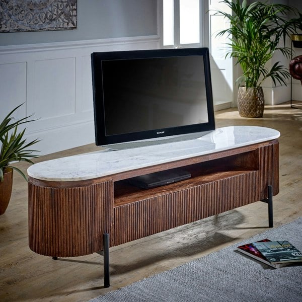 IH Design Miel Mango Wood Large TV Stand With Marble Top & Metal Legs