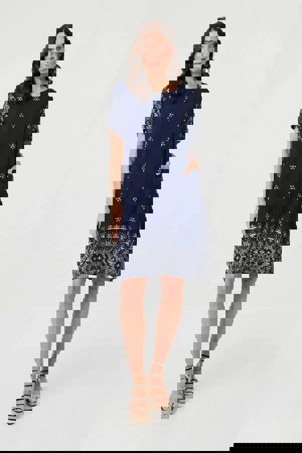 Navy | Border Print Shift Knee Length Dress
