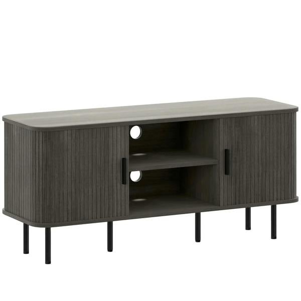 Grey TV stand cabinet with open shelves and two paneled doors