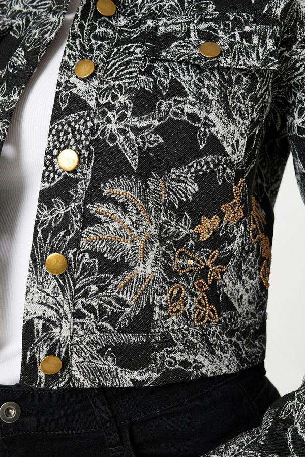 Black | Tropical Print Textured Cropped Jacket