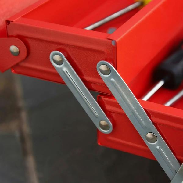 Red tool box tray support bars with silver latch clips and rivet points
