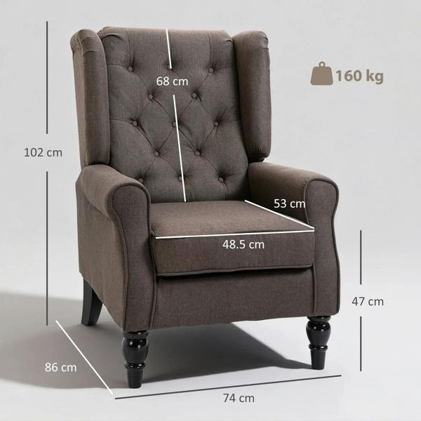 Brown upholstered wingback accent chair with button tufting and rounded armrests
