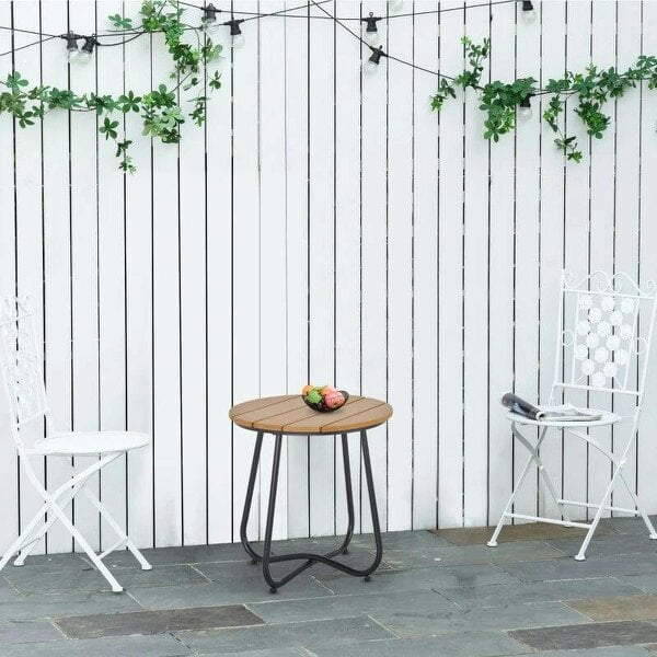 Bobobiy Round Outdoor Side Table Adjustable Leg Pads Garden Table 49 x 49 x 48 cm Natural Wood & Black - Natural Wood & Black
