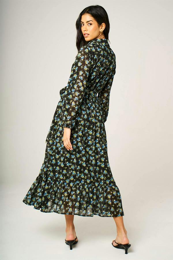 FS Collection Floral Print Hem Detail Shirt Midi Dress With Tie Waist In Black
