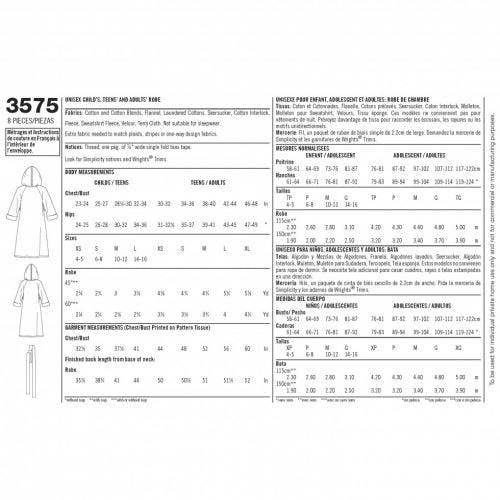 Simplicity Sewing Pattern 3575, Robes, Pyjamas for Kids, Men, Teenagers, Women, XS-S-M-L-XL - Easy