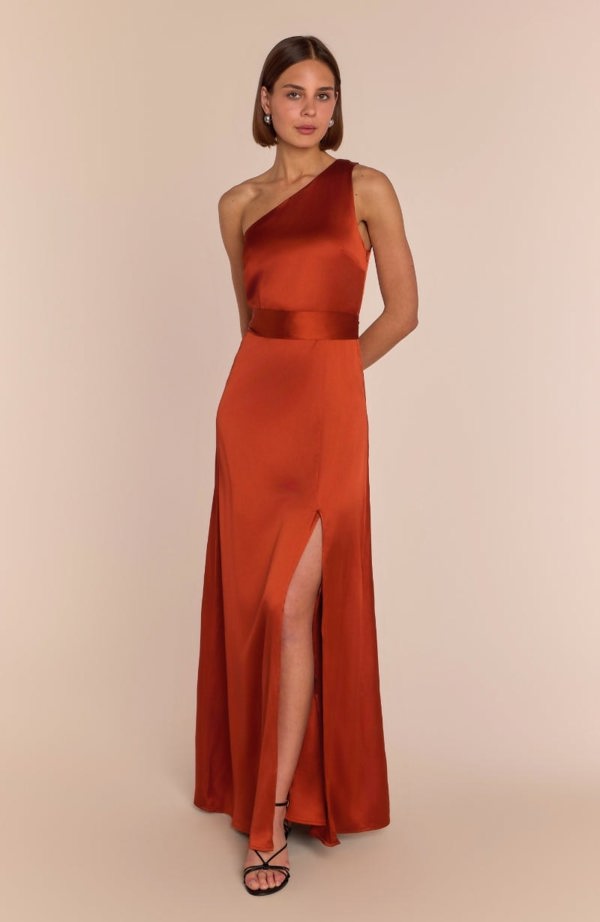 Rewritten London Porto Dress in Burnt Orange Satin