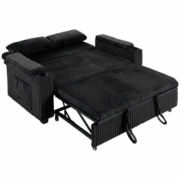 2 Seater Sofa Bed, Pull Out Sleeper Sofa w/ Adjustable Backrest, Storage Armrests, Cup Holders, Side Pockets, Black