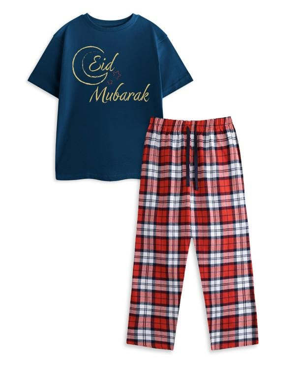 Show Me The Merch Unisex Kids Blue Eid Mubarak Short Sleeve Long Leg Pyjama Set