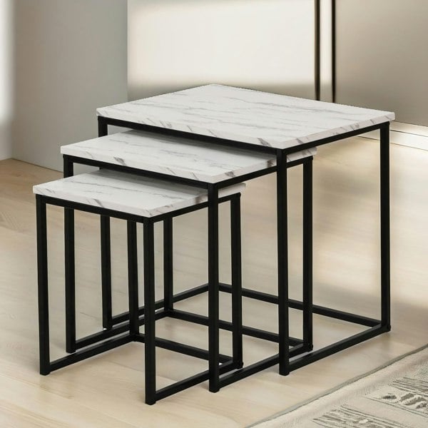 Rafaelo Mobilia Set Of 3 Square Nesting Tables Marble Effect