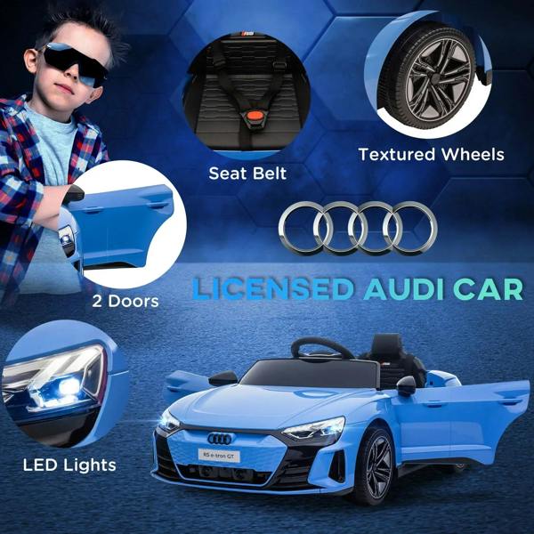Blue Audi kids electric ride-on car with LED headlights and textured alloy wheels