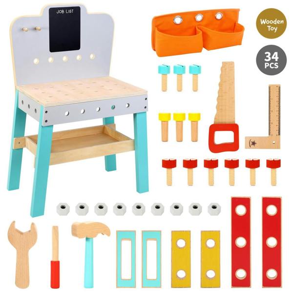 Dyzi My First Wooden Workbench Kids Pretend Play Tool Set
