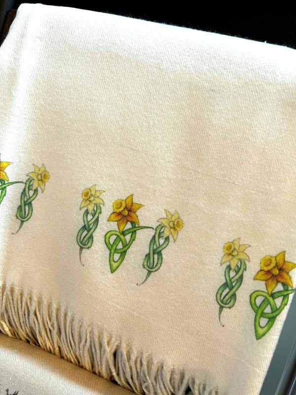 Art on Scarves Cashmere Feel Luxury Scarf Handprinted with Celtic Daffodils