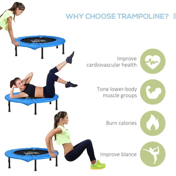 Blue mini trampoline with safety pad, used for indoor workouts
