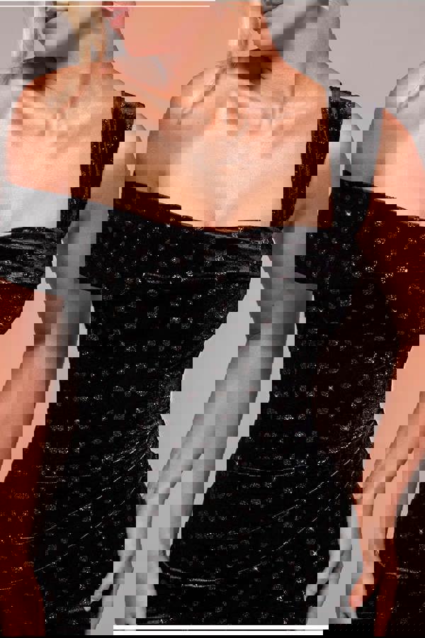 Glitter Polka Dot Velvet One Shoulder Maxi Dress - Black DR4646