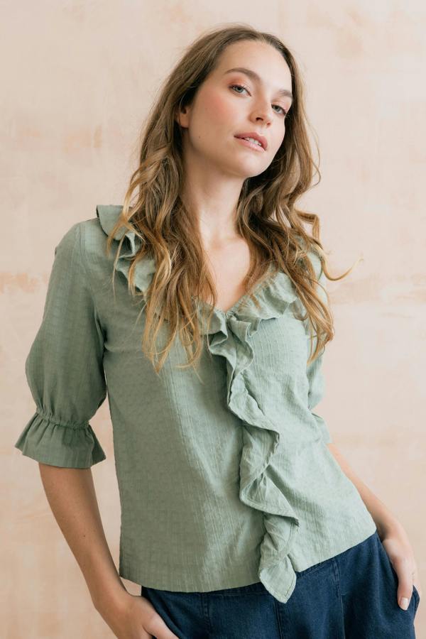 Lily & Me May Embroidered Cotton Frill Blouse Silver Sage