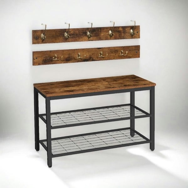 Rafaelo Mobilia Hallway Shoe Bench Set with 9 Hooks and Shelf