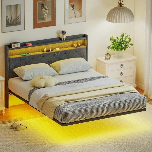 Floating Bed Frame, Upholstered 4ft6 Double Size Bed, Platform Bed with RGB LED Lights and Charging Station, Grey - Grey