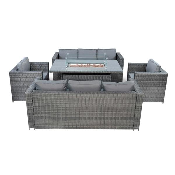 Jardi 8 Seater Rattan Furniture Set With Firepit – Grey