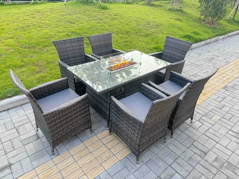 Fimous Rattan Garden Furniture Dining Set 6-seater Patio Rectangular Gas Fire Pit Table Chairs Outdoor Dark Grey Mixed