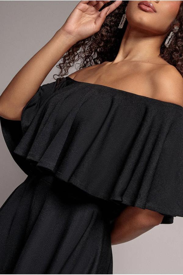 Off The Shoulder Frill Neck Skater Playsuit - Black TR30B