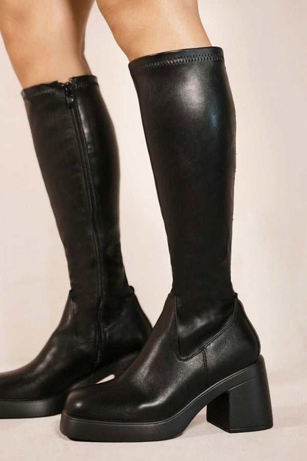 Where's That From Lilith Mid High Block Heel Calf Boots With Side Zip in Black Faux Leather