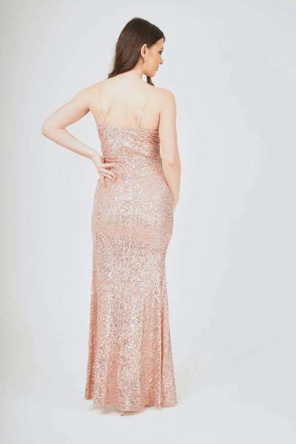 LuvForever Champagne Side-Split Sequin Maxi Dress