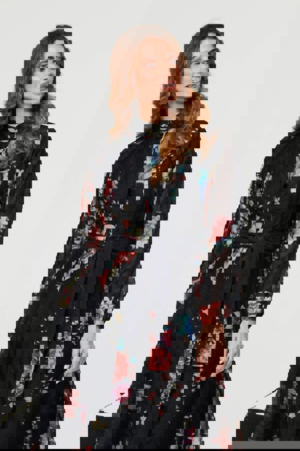 Black | Floral Semi Sheer Tie Waist Midi Dress
