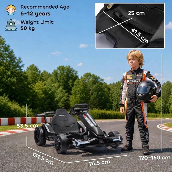 24V Electric Go Kart for Kids 6-12 Years with Drift Mode, Adjustable Seat, 3 Speed, Slow Start, Black
