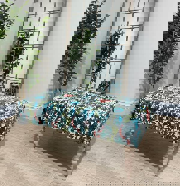 ISTOOLS Premium Peacock Green Floral Footstool Ottoman – Luxury Pouffe & Footrest Table