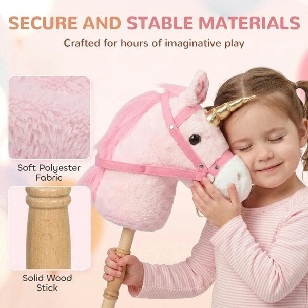 Bobobiy Hobby Horse with Wood Wheels, Stick Horse with Grip Handle, Sound, Plush Hobby Horse Toy for Imaginative Play, Pink