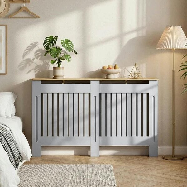Bobobiy Slatted Radiator Cover, Painted Cabinet with Line Grill Design, 152W × 19D × 81H cm, Grey - Grey