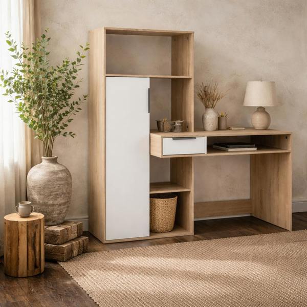 Wyld Haus Billabong White and Oak Wood Office Desk 1 Drawer 1 Door