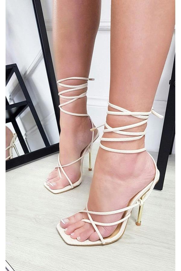 Tina Square Toe Strappy High Heels - Cream