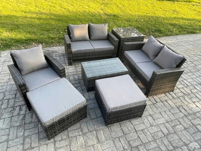 Fimous 7-Seater Rattan Garden Lounge Set - Dark Grey Mixed Patio Outdoor Sofa & Chair Set with Rectangular Coffee Table & 2 Big Footstools