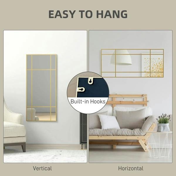 Gold-tone grid wall mirror with built-in back hooks for easy hanging.