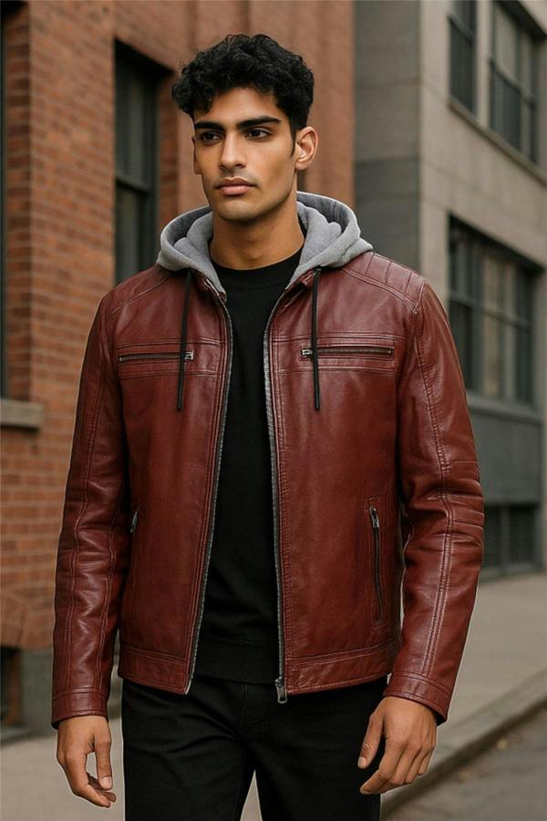 Infinity Leather Men's Hooded Biker Lamb Leather Jacket - Burten