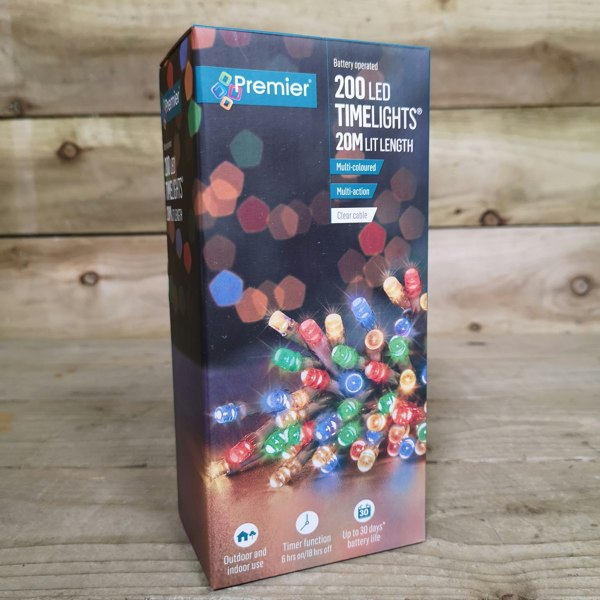 Samuel Alexander 200 LED 20m Premier Christmas Outdoor Multi Function Battery Lights with Timer & Clear Cable in Multicoloured