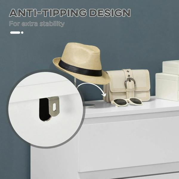Anti-tipping design: metal anchor bracket on corner of white three-drawer chest.