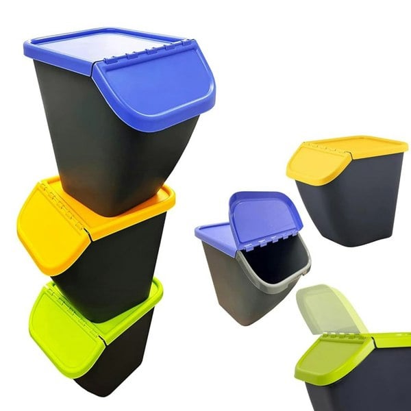 3 x Pelican Waste Segregation Recycling Home Kitchen Bins With Colour Coded Lids