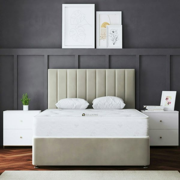 DS Living Amelia Divan Bed with Upholstered Headboard - Four Drawers - Beige - King