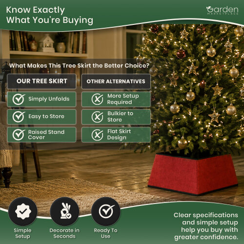 Square Red Christmas Tree Skirt, Cosy Fabric Stand Cover for 1.5–2.1m Trees, Easy Unfold Design, 48cm x 48cm Base, 25cm High