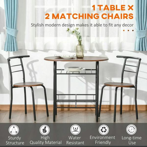Three-piece dining set with round natural-wood tabletop and two black metal chairs